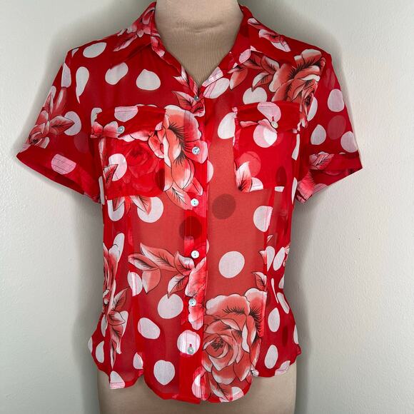 Spenser Jeremy Silk Top Medium Women Red Floral Polka Dot Button Up Sheer Pocket - Picture 1 of 7
